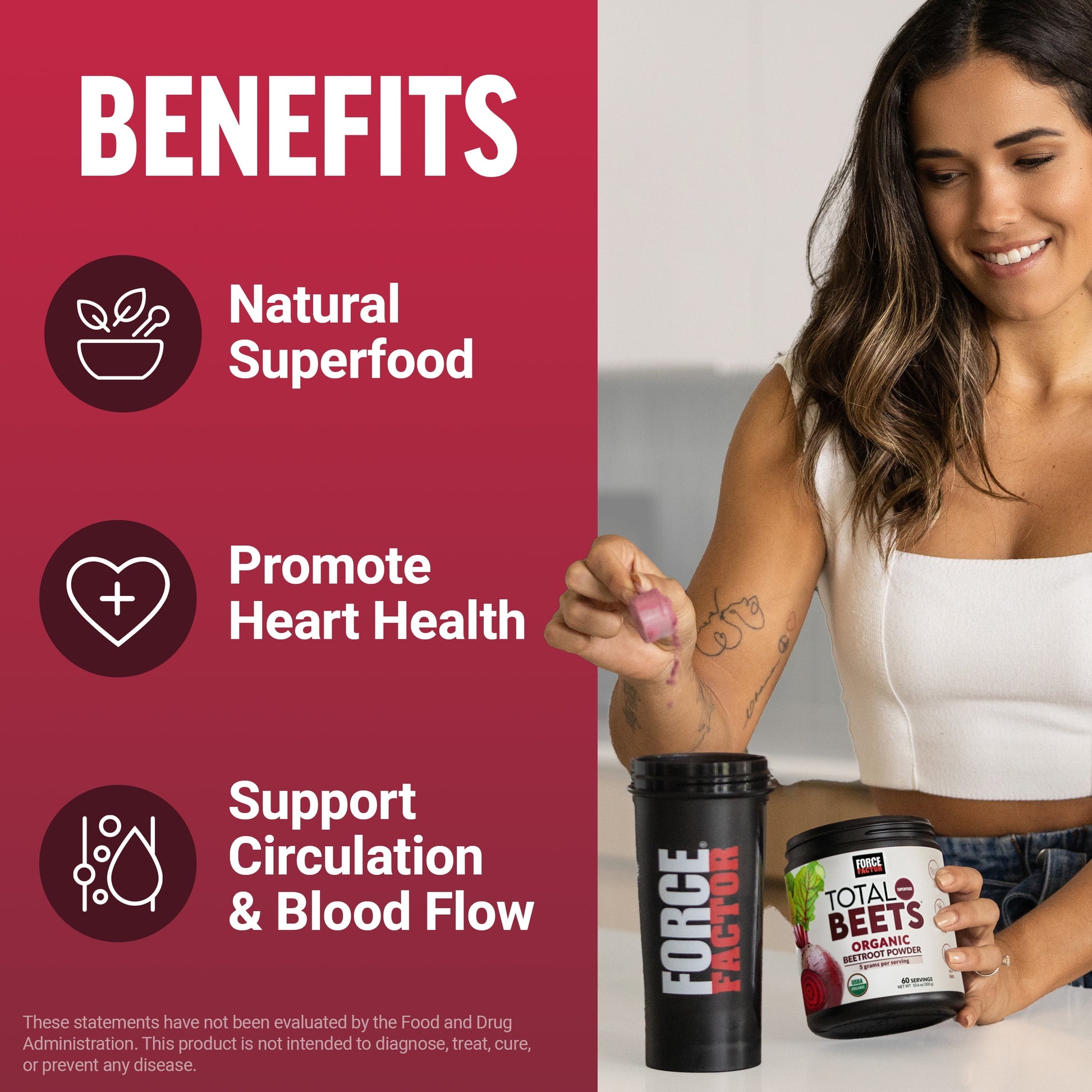 Total Beets Organic Beet Root Powder, Beetroot Supplement for Circulation & Blood Flow, Usda-Certified Organic, Unflavored, 60 Servings
