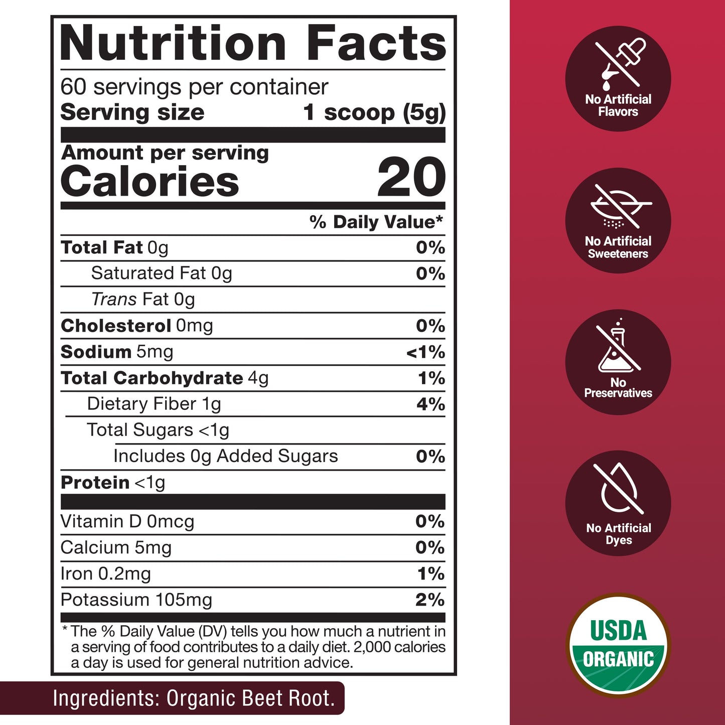 Total Beets Organic Beet Root Powder, Beetroot Supplement for Circulation & Blood Flow, Usda-Certified Organic, Unflavored, 60 Servings