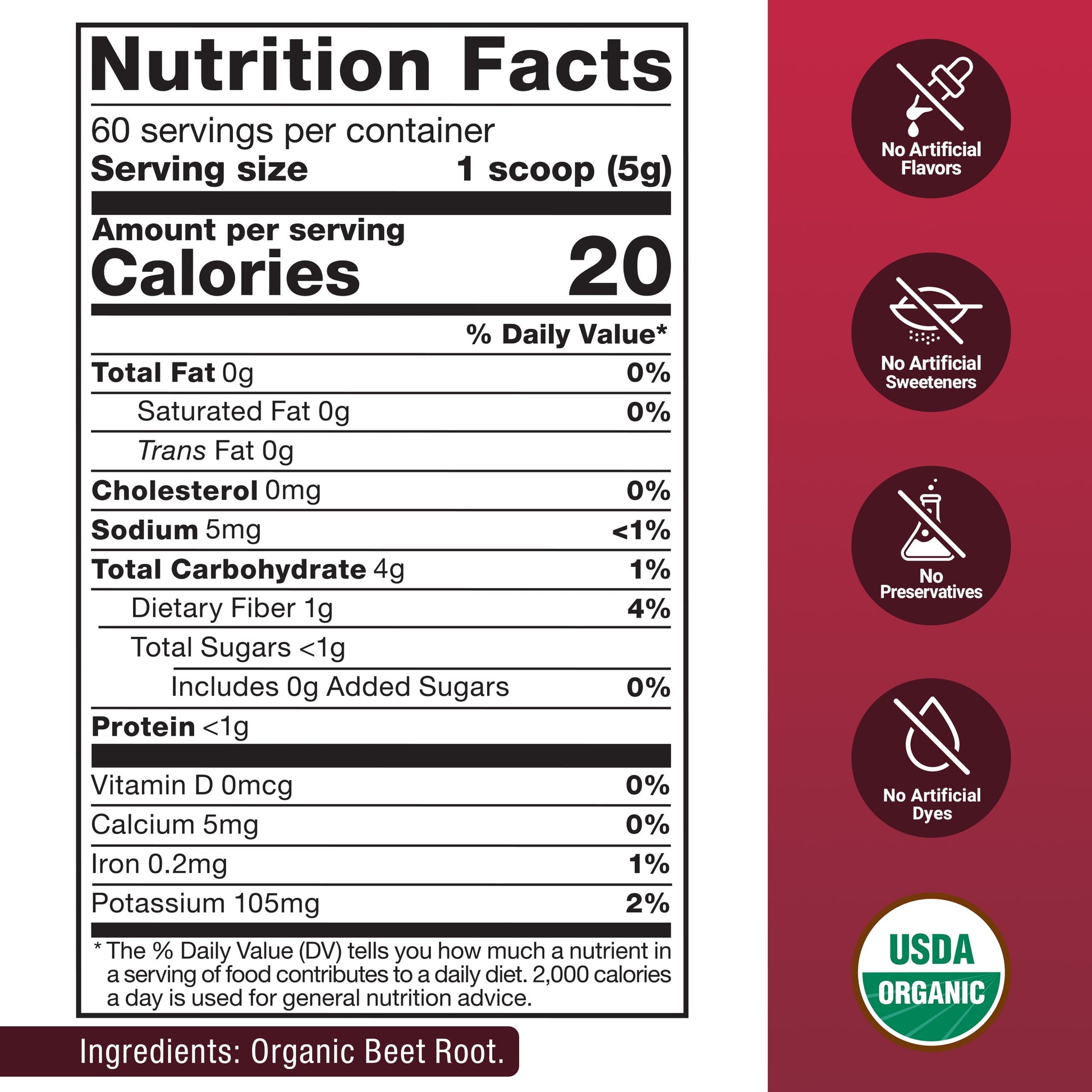 Total Beets Organic Beet Root Powder, Beetroot Supplement for Circulation & Blood Flow, Usda-Certified Organic, Unflavored, 60 Servings
