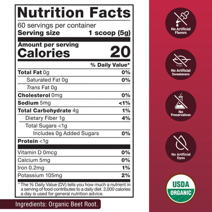 Total Beets Organic Beet Root Powder, Beetroot Supplement for Circulation & Blood Flow, Usda-Certified Organic, Unflavored, 60 Servings
